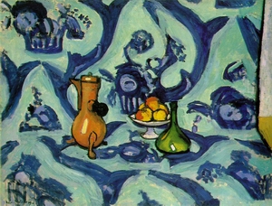still life with blue tablecloth