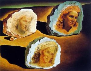 Three Face of Gala appearing among the Rocks,1945
