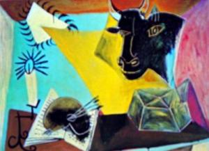 Still Life with a Black Bull,book, Palette and Chandelier