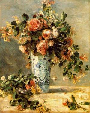 Roses et jasmin dans un vase de Delft c. 1880-1881