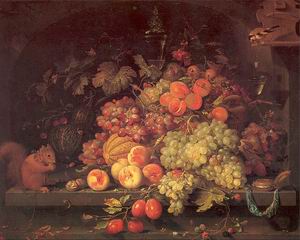 Fruit Still Life with Squirrel and Goldfinch