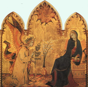 The Annunciation and the Two Saints, detail