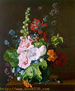 Hollyhocks and Other Flowers in a Vase 1710