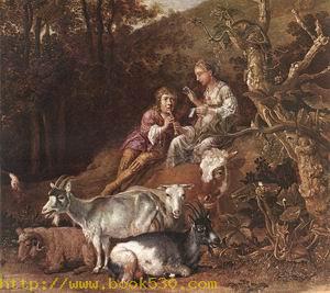 Landscape with Shepherdess Shepherd Playing Flute (detail) 1642-44