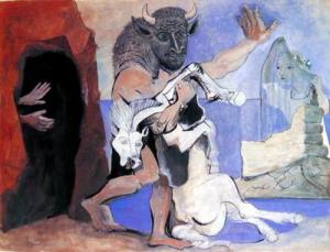 Minotaur and Dead Mare before a Cave Facing a Girl in a Veil