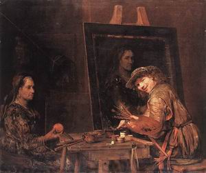 Self-Portrait at an Easel Painting an Old Woman 1685