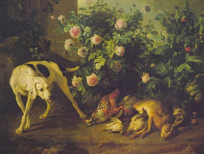 Dog Guarding Game near a Rosebush