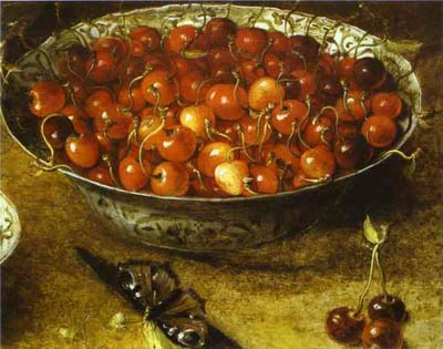 Still Life with Cherries and Strawberries in Porcelain Bowls (Detail)