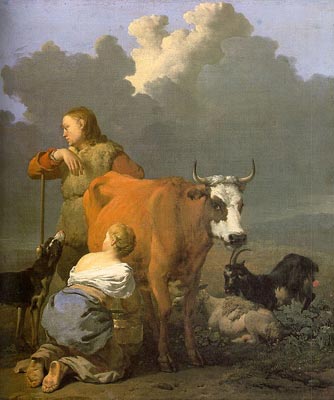 Woman Milking a Red Cow