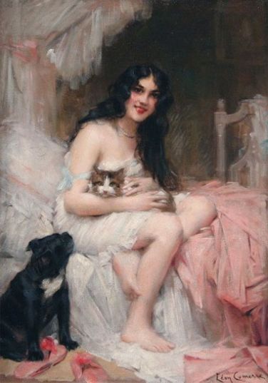 Leon Francois Comerre - Beauty in Bed with Kitten and Black Dog