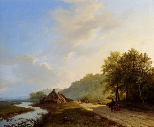 Barend Cornelis Koekkoek - A Summer Landscape With Travellers On A Path