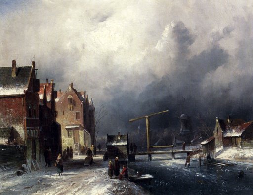 Charles Henri Joseph Leickert - Figures In A Dutch Town By A Frozen Canal