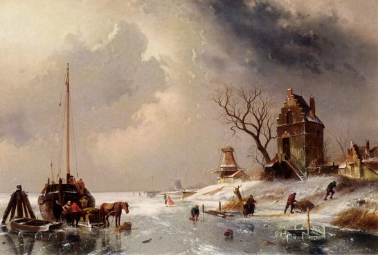 Charles Henri Joseph Leickert - Figures Loading A Horse Drawn Cart On The Ice