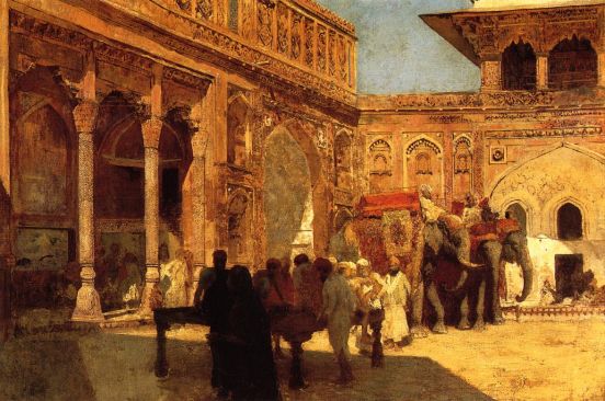 Edwin Lord Weeks - Elephants And Figures In A Courtyard Fort Agra