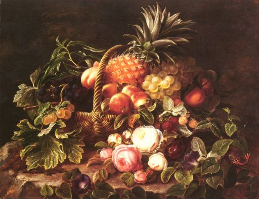 Johan Jensen - A Still Life Of A Basket Of Fruit And Roses