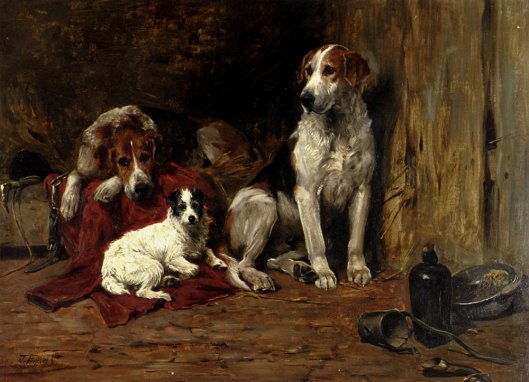 John Emms - Hounds And A Jack Russell In A Stable