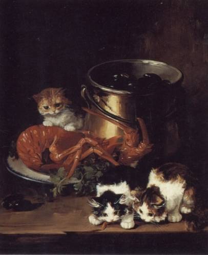 Brunel Neuville - Kittens with Mussels and a Lobster