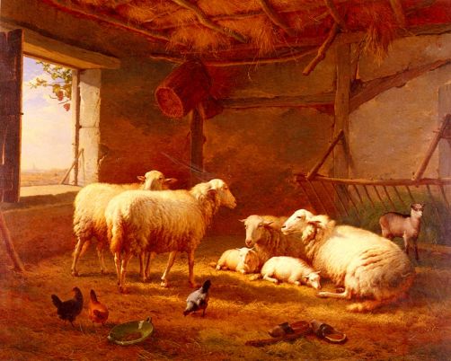 Eugene Joseph Verboeckhoven - Sheep With Chickens And A Goat In A Barn