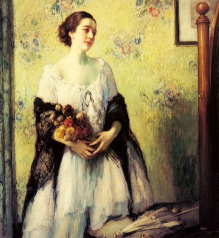 Fernand Toussaint - A Young Woman holding a Bouquet of Summer Flowers