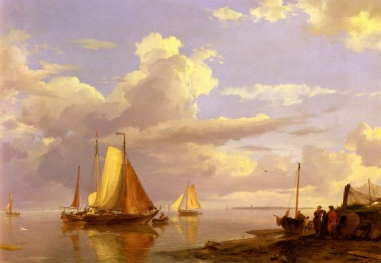 Johannes Hermanus Koekkoek - Fishing Boats Off The Coast At Dusk