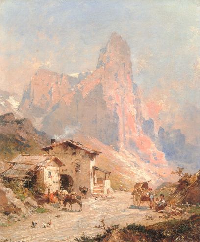 Franz Richard Unterberger - Figures in a Village in the Dolomites