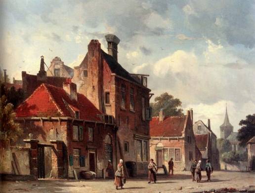 Adrianus Eversen - View Of Town With Figures In A Sunlit Street