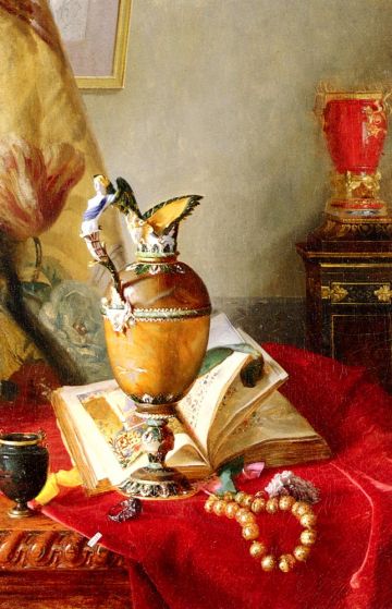 Desgoffe Blaise Alexandre - Still Life with Urns And Illuminated Manuscript On A Draped