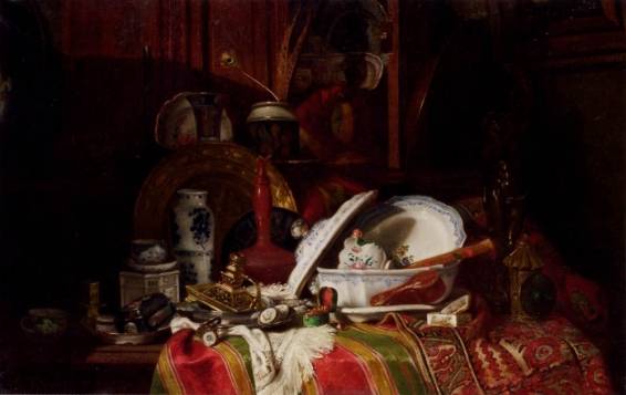 Gustave Jacquet - Still Life with Dishes, a Vase, a Candlestick and other Objects on a Draped Table
