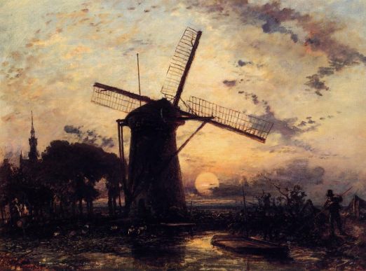 Johann-Barthold Jongkind - Boatman by a Windmill at Sundown