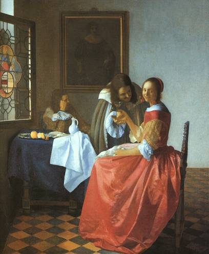 Johannes Vermeer - A Lady and Two Gentlemen (The Girl with the Wineglass)