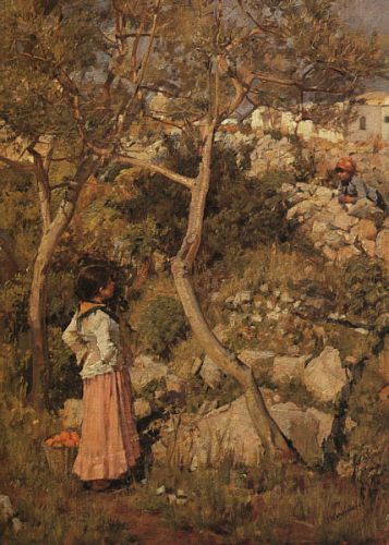 Two Little Italian Girls by a Village