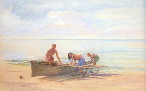 Women drawing up a Canoe