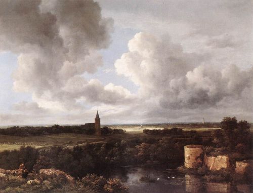 An Extensive Landscape with a Ruined Castle and a Village Ch