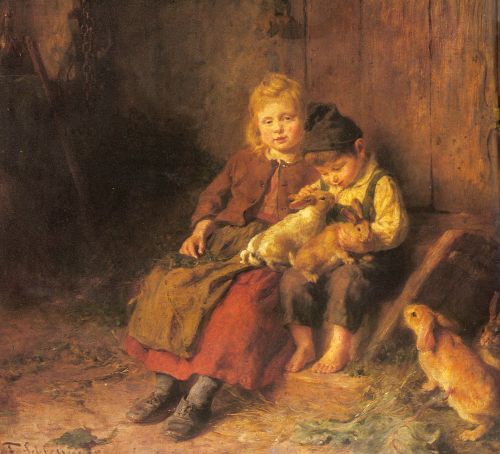 Two Children Playing with Rabbits