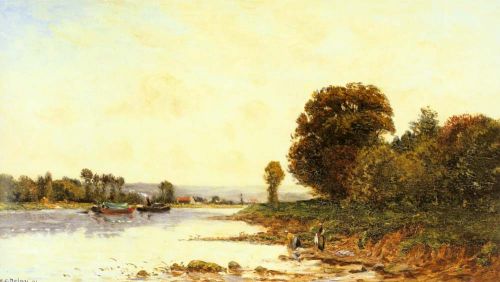 Washerwomen in a River Landscape with Steamboats beyond