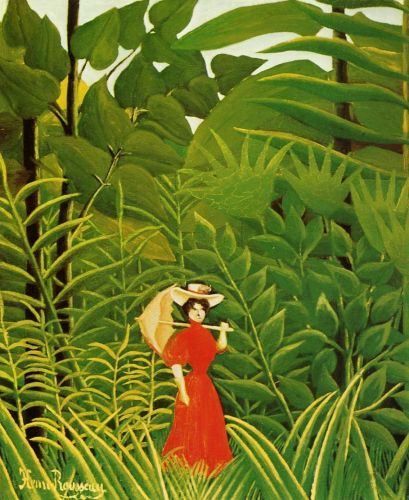 Woman with an Umbrella in an Exotic Forest