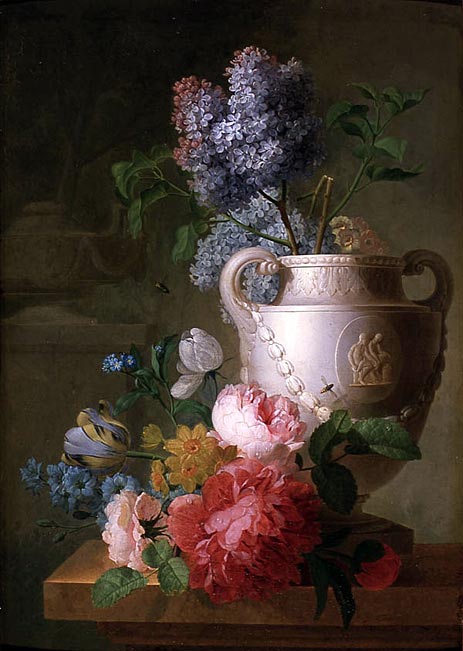 A Marble Vase of Lilac with other Flowers on a Marble Shelf,