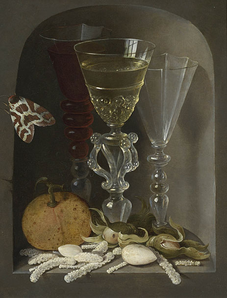 A Still Life of Three Wine Glasses, an Orange, Sweetmeats, Hazelnuts and a Moth in a Stone Niche,