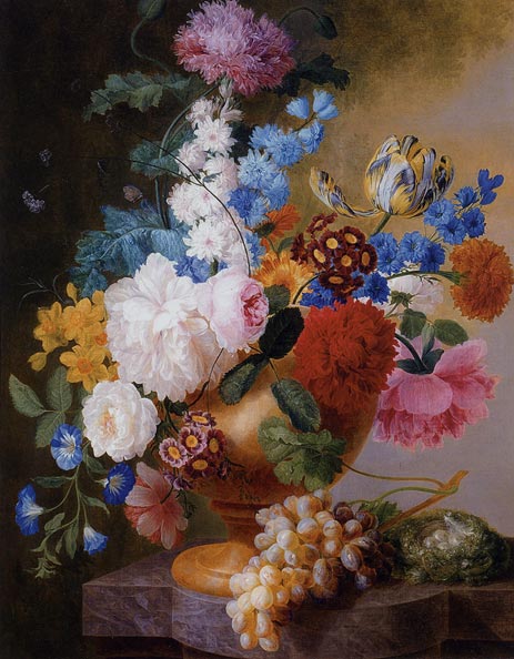 Still Life Of Tulips, Roses, Peonies, Narcissus, And Other Flowers In A Urn,