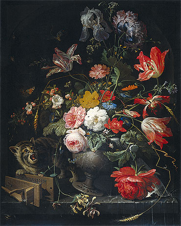 Still Life with Flowers, Cat and Mousetrap, c.1670/80