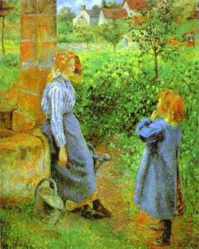 Camille Pissarro Young Woman and Child at the Well Oil Painting