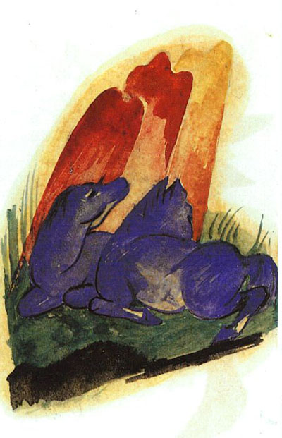 Franz Marc Two Blue Horses in Front of a Red Rock Oil Painting