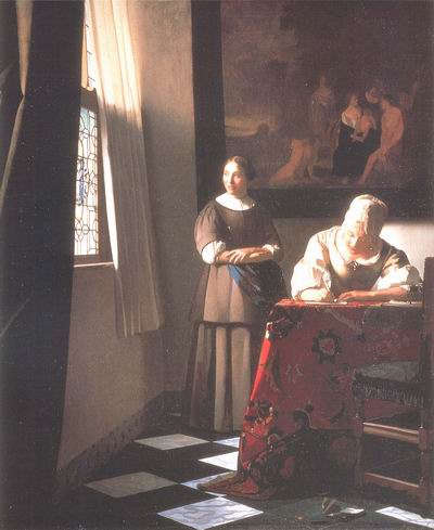 A lady writing a letter with her maid,1667