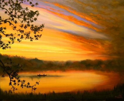 Fishing at First Light ~ 9/19/08 A Painting a Day Hudson River School landscapes by Connie Tom