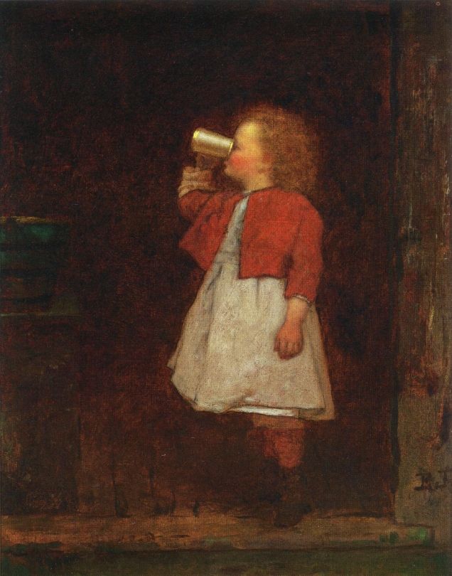 Little Girl with Red Jacket Drinking from Mug