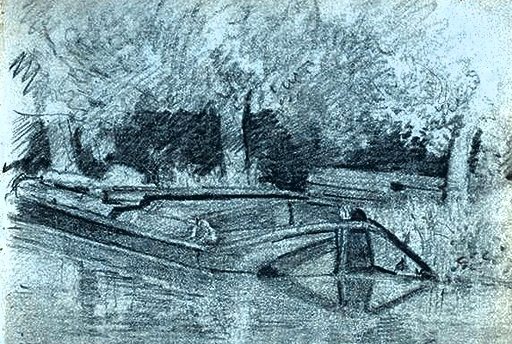 A Barge by a River Bank