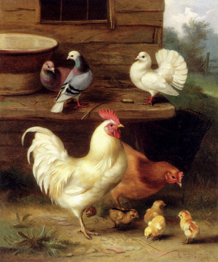 A Cockerel, Hen And Chicks With Pigeons