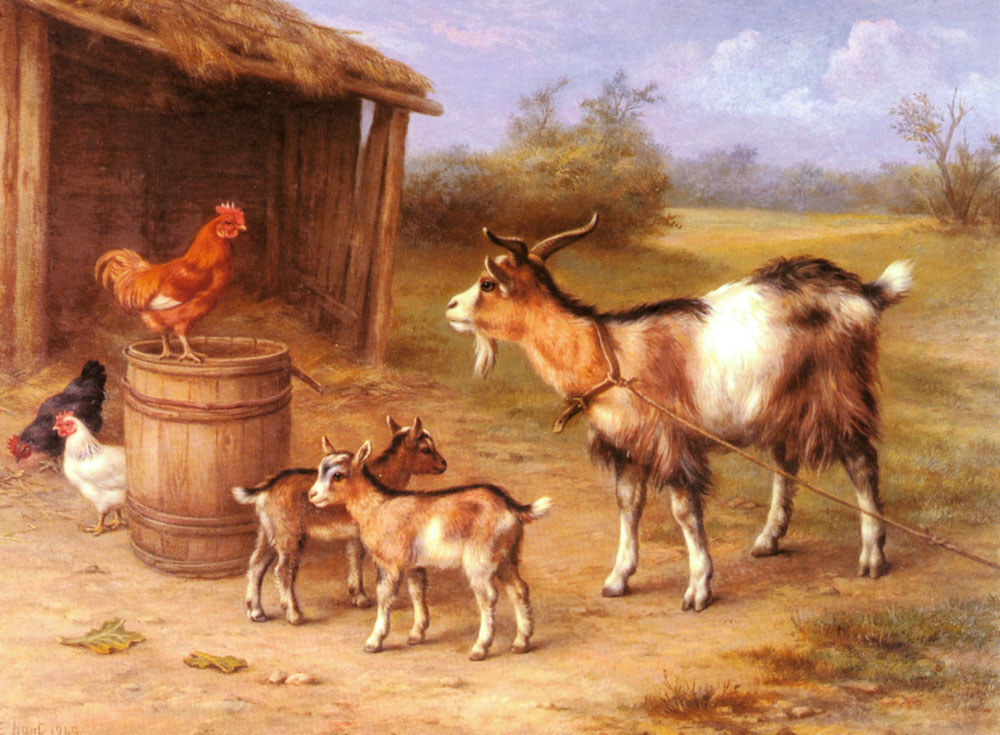 A Farmyard Scene with Goats and Chickens