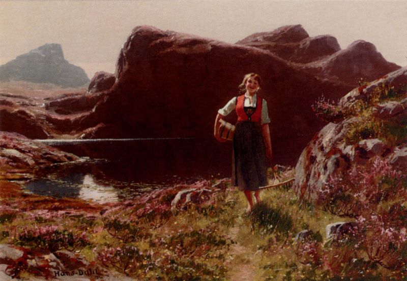 A Girl On A Sunlit Track Before A Fjord