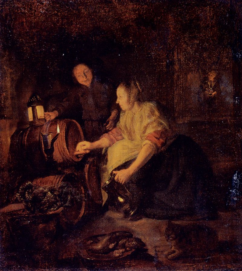 A Woman Drawing Wine From A Barrel